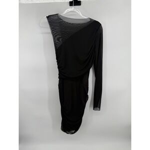 Commense Black One Shoulder Ruched Mesh Mini Dress Long Sleeve Size L NWT